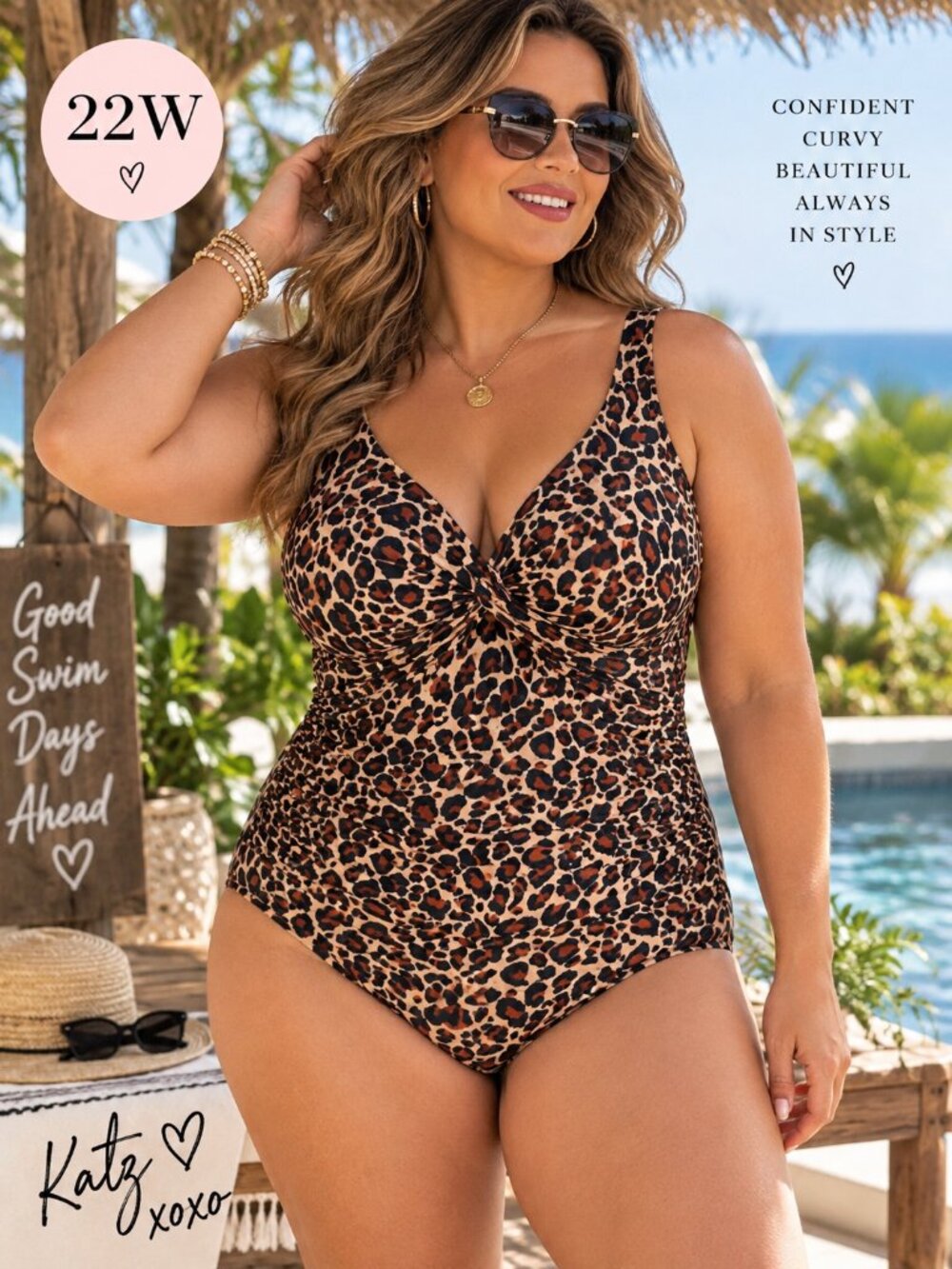 Kona Sol Leopard One Piece Swimsuit 22W 2X Ruched Twist Front Padded Plus Size